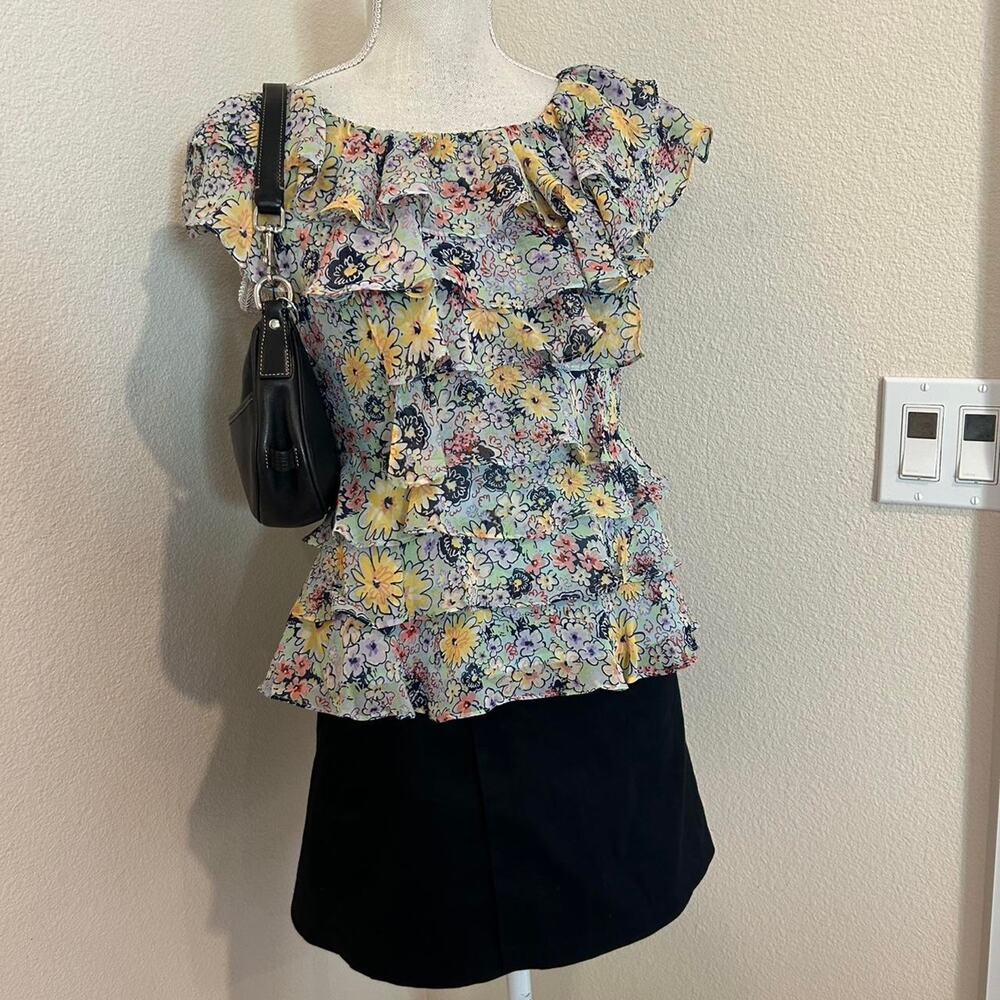 Odille blue floral print silk ruffle top. Size 2